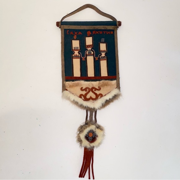 Authentic Sakha Yakutia Tribal Banner Handcrafted with Leather Felt & Fur Trim